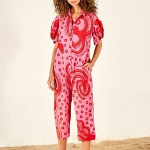 Farm Rio Octocool Jumpsuit Pink Puff Sleeve Cropped Legs Collared Ribbon Belt M